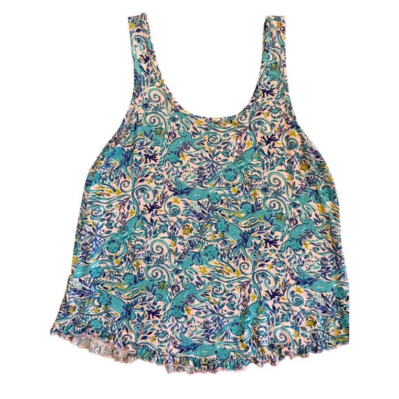 Lilly Pulitzer Womens Med Blue Green Sea Life Print Ruffle Hem Tank Top Coastal - Picture 5 of 9